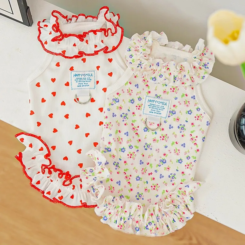 

Puppy Love Dress Summer Pet Dog Products Yorkshire Floral Princess Skirt Breathable Teddy Clothes with Leash Buckle