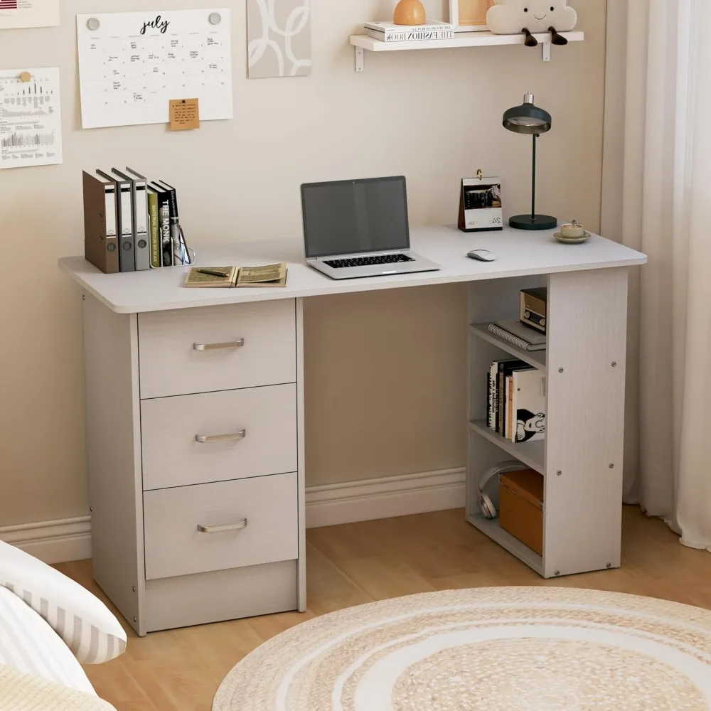 Computer Desk with Drawers,Standing Desk with Storage Racks,Writing Desk for Home Office or Bedroom (White)