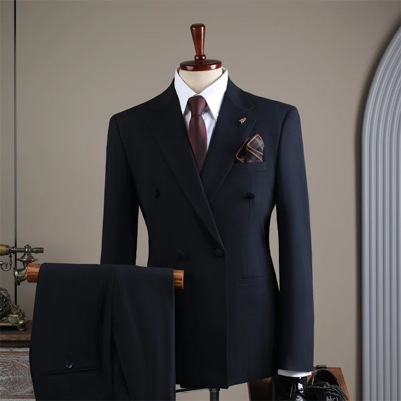 (1) Customized 2024 Autumn and Winter Suits for Men, High-end Double-breasted Striped Suits for Men, Casual Groom Wedding Suits