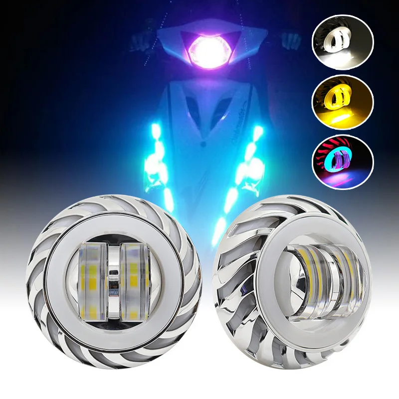 2Pcs Motorcycle LED Dual Lens Spotlight Super Bright Ghost Fire Flashing Light Colorful Demon Front View Modification Accessory