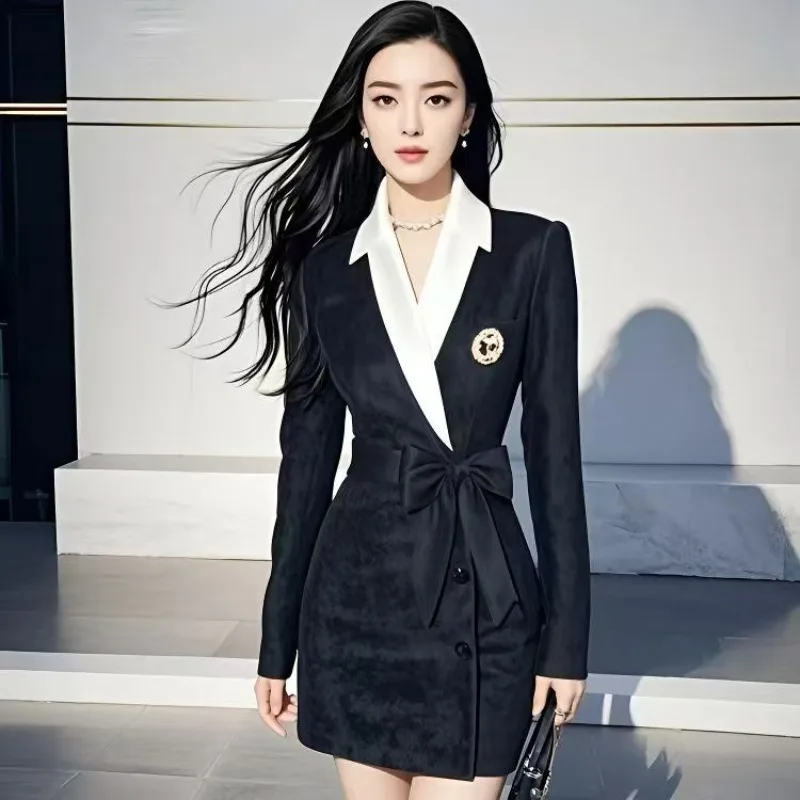 2025 Black Velvet Patchwork Elegancka kurtka damska 2025 Wiosna Jednorzędowa kurtka z długim rękawem Slim Office Lady Formal Coat Dress Lady