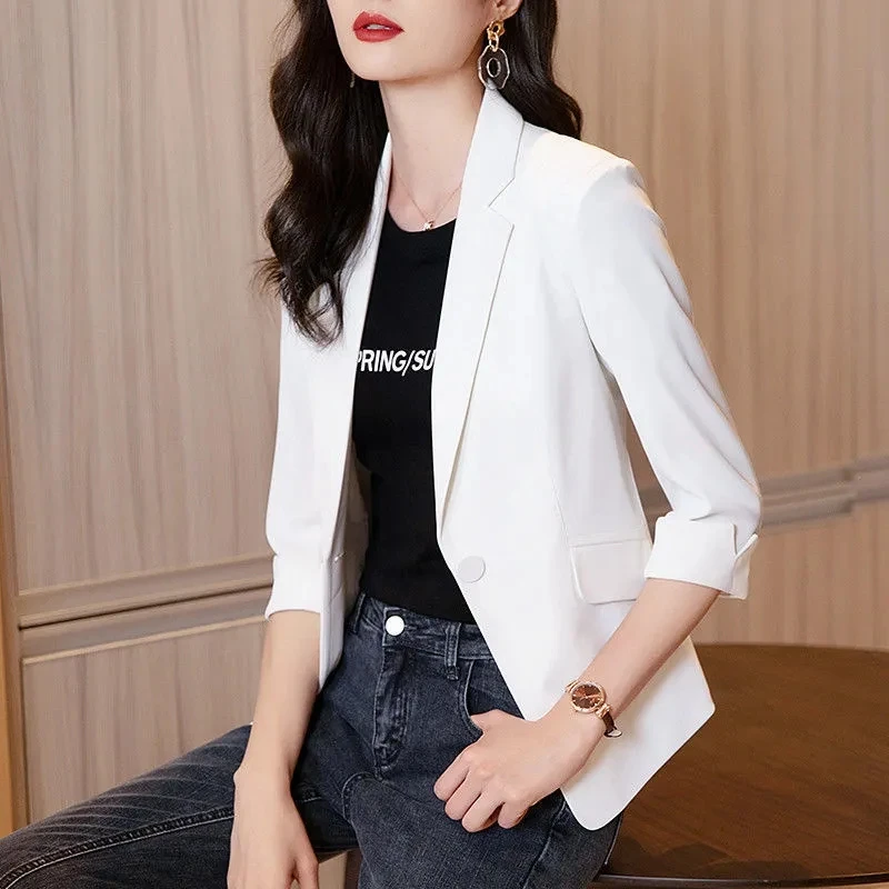 Spring Summer Women Blazers Leisure Seven Points Sleeve Small Suit Top Coat Female 2026 Korean Solid Color Small Suit Jacket