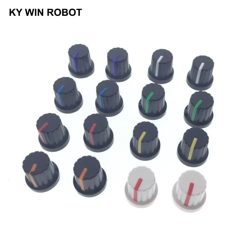 10個 WH148 ポテンショメータノブキャップ 6mm シャフト穴詰め合わせキット 白 緑 赤 青 黄 オレンジ 紫 DIY スイッチノブ 15x15mm