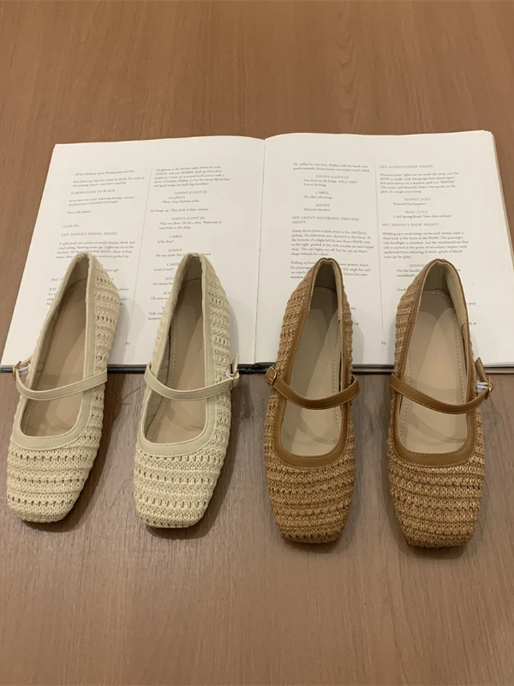 South Wind Woven Time Hollow out Flat Bottom Women's Shoes Vacation Style Square Head Buckle Mary Jane Bean Shoe