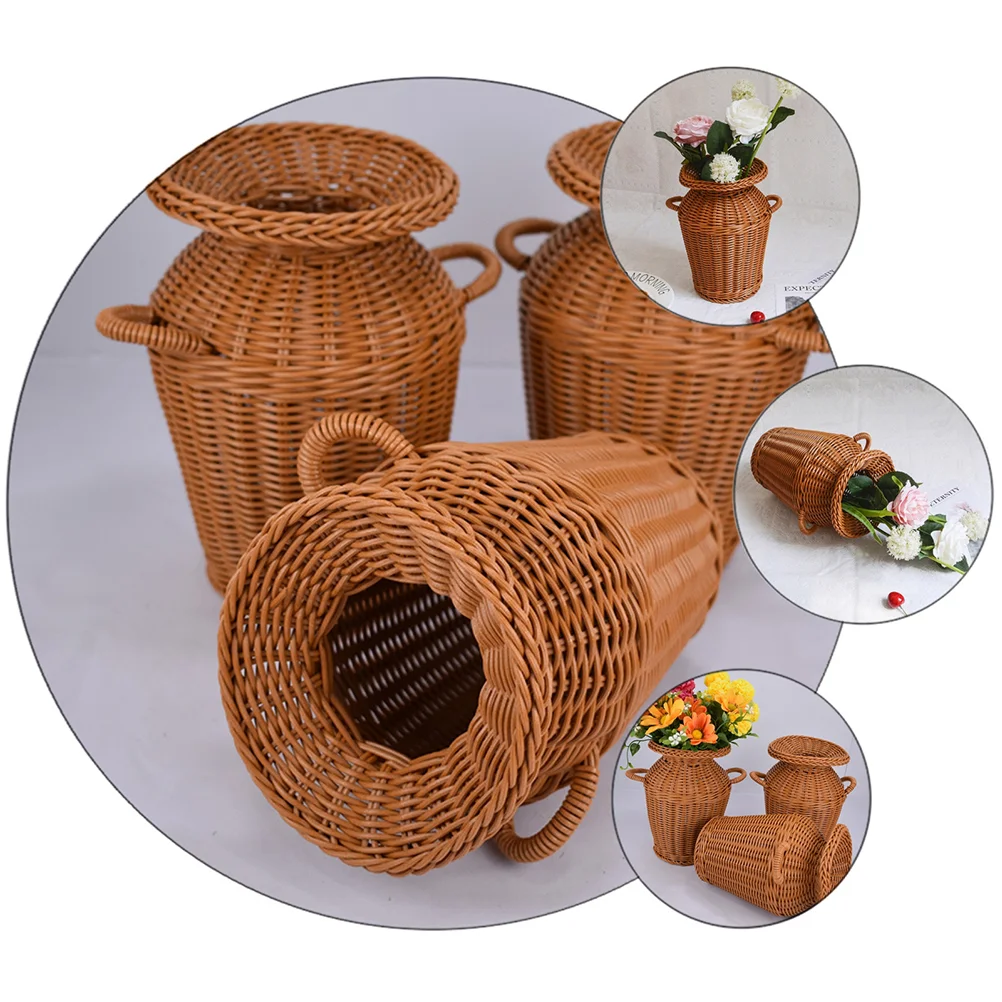 Brown Fake Flowers Rattan Hamper Imitation Vase Basket Storage Container Terrarium