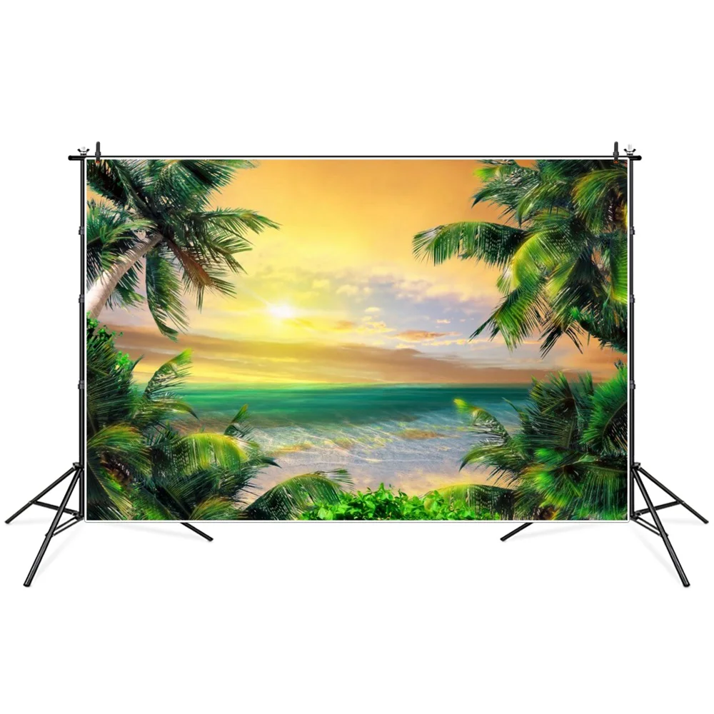 Seaside Palm Tree Backgrounds Summer Tropical Beach Sunsetting Ocean Waves Children Photography Backdrops Photographic Portrait
