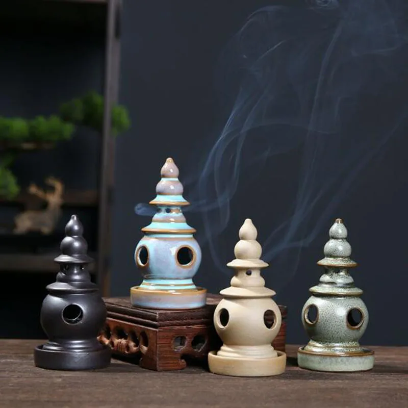 Smoking Backflow Santan Yinyue Tower Incense Holder Ceramic Aromatherapy Burner Fragrance Censer Tea Ceremony Indoor Home Decor