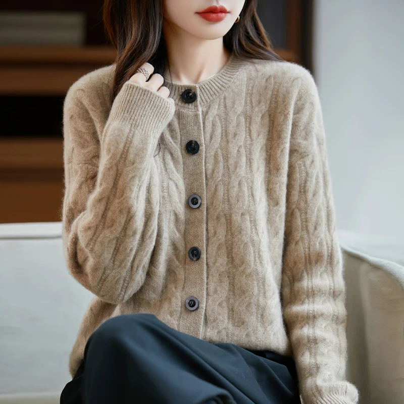 Женский кардиган из 100% шерсти, утолщенный, с круглым вырезом, массивный, вязаный, теплый и стильный, с высококачественной текстурой
