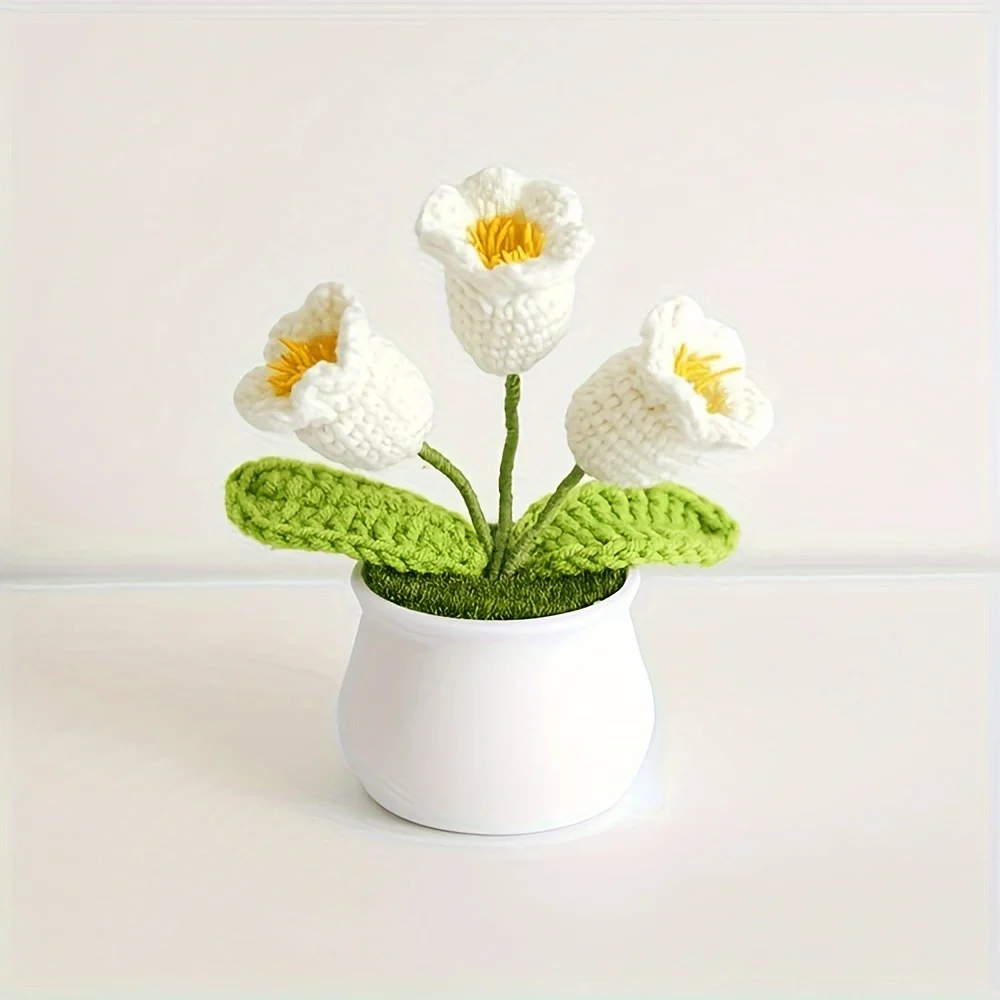 Boutique handmade woven 3-head lily of the valley potted home decoration, knitted simulation flower hook woven belt basin