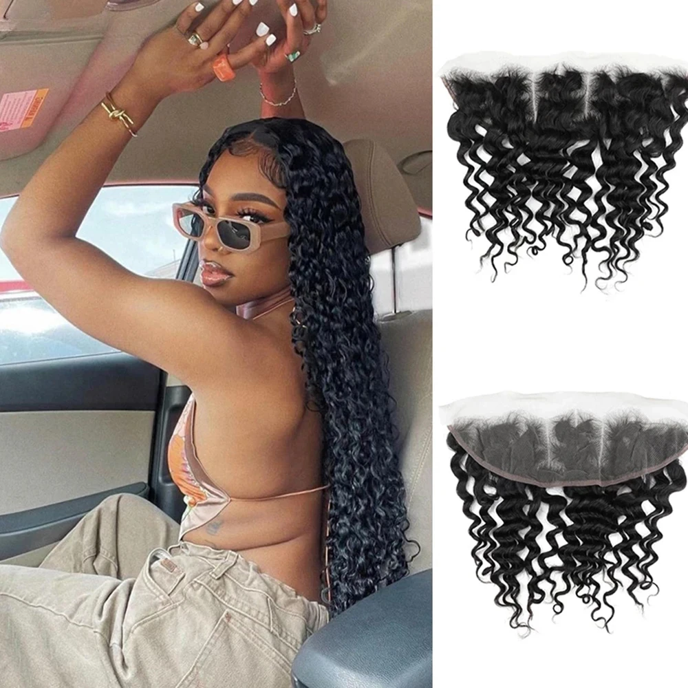 

Deep Wave Lace Frontal Transparent Lace Closure Only Human Hair Natural Hair Line Remy 13x4 100% HAND TIED DD LACE FRONTAL