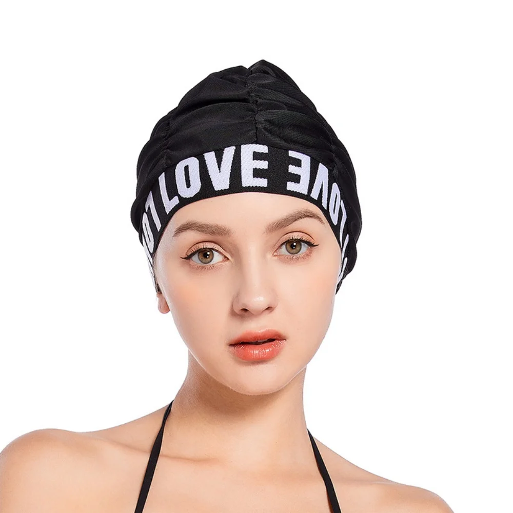 

Nylon Fabric Material Women Pleated Swimming Caps Letters Love Printed Bathing Hat Adults Swim Pool Hot Spring Spa Comfortable P