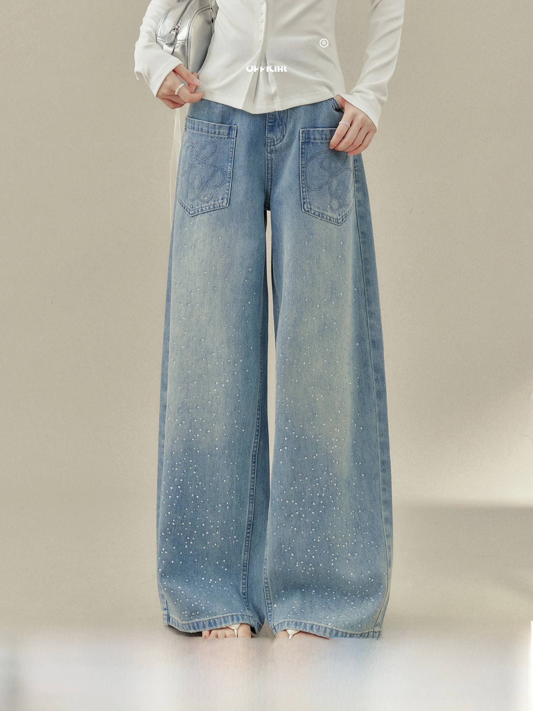 

American Retro Design Rhinestone Denim Pants Women's Wide Leg Spring New Style High Waist Ladies Jeans by Yang Xue
