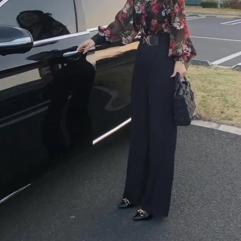Spring and Autumn Women's Solid Colors High Waist Loose Wide Leg Pants Fashion Button Commuter Korean All-match Trousers