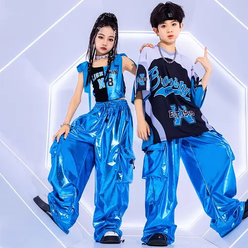 Traje de baile callejero azul brillante para niños, ropa de moda de Jazz para niños y niñas, Tops de gran tamaño de Hip Hop, pantalones, traje de espectáculo de pasarela