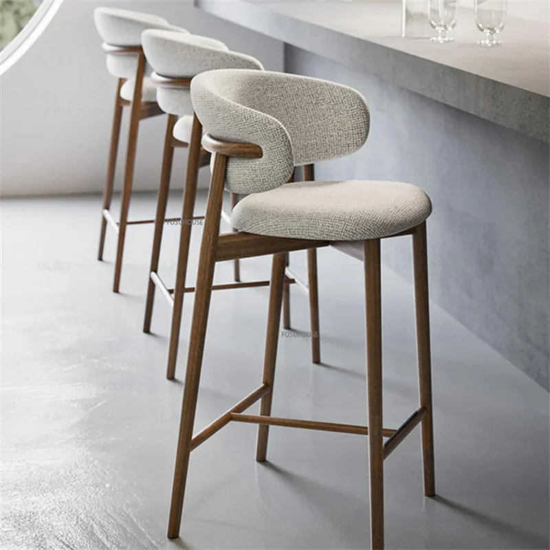 Modern Solid Wood Bar Chair Nordic Bar Stool for Kitchen Light Luxury Cloth High Feet Barstool Household Living Room Stool Chair