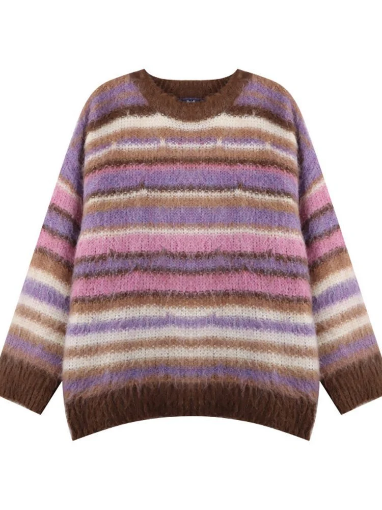 

Striped Sweater Autumn Winter Colorful Loose Soft O-neck Pullover Top Korean Version Versatile Long Sleeved Knitwear For Women
