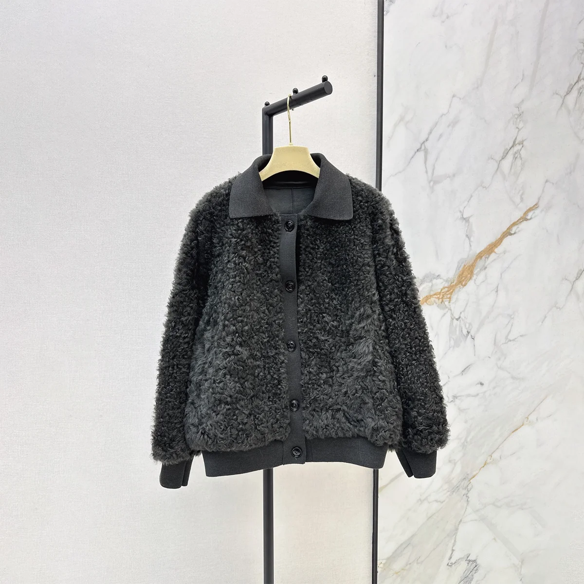 2026 High Quality Women Polyester Curly Fleece Short Jacket, Lapel Button Plush Coat26102115