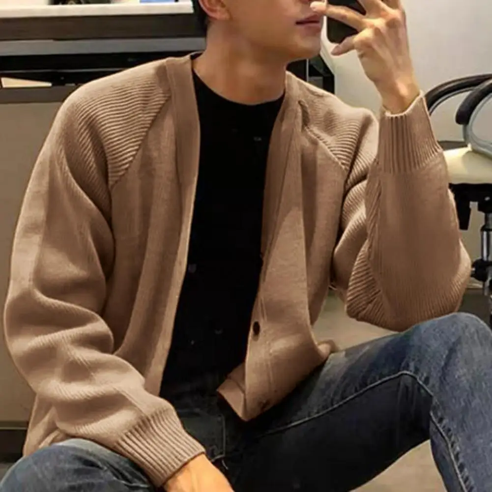 Men Autumn Winter Casual Sweater Cardigan V-neck Long Sleeve Single Breasted Sweater Coat Solid Color Loose Fit Knitting Coat