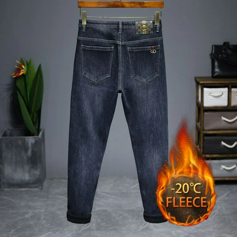 Men's Autumn Winter Jeans Warm Straight Fit Fleece-lined Warm Denim Pants Male Classic Business Stretch Thickeb Cowboy Trousers