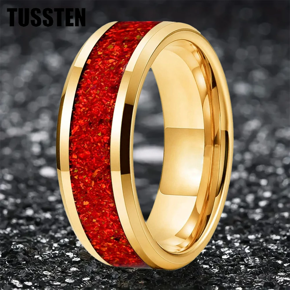 

Dropshipping TUSSTEN 6/8MM Red Opal Inlay Pipe Cut Polished Tungsten Ring for Men Women Engagement Wedding Band