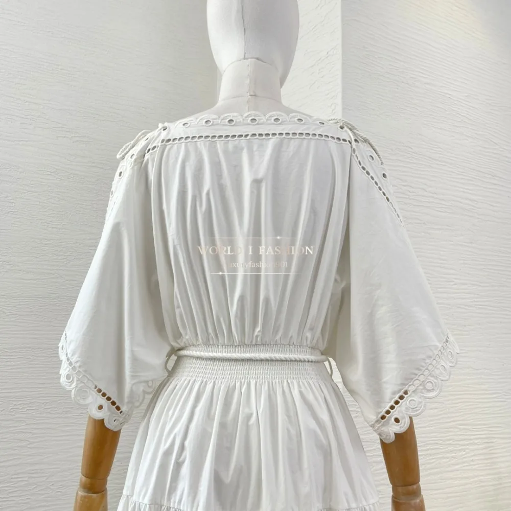 White Embroidery Off The Shoulder Wavy Edge Short Sleeve Midi Dress 2025 Cotton
