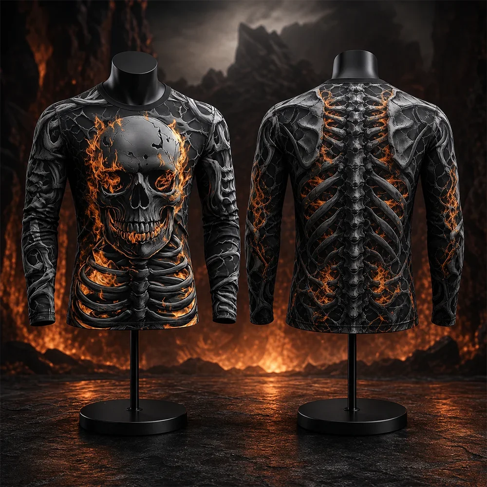 Men's Halloween Skeleton Print Long Sleeve T-Shirt Gothic Trendy Streetwear Casual Breathable Top Halloween Party Clothing Y2K