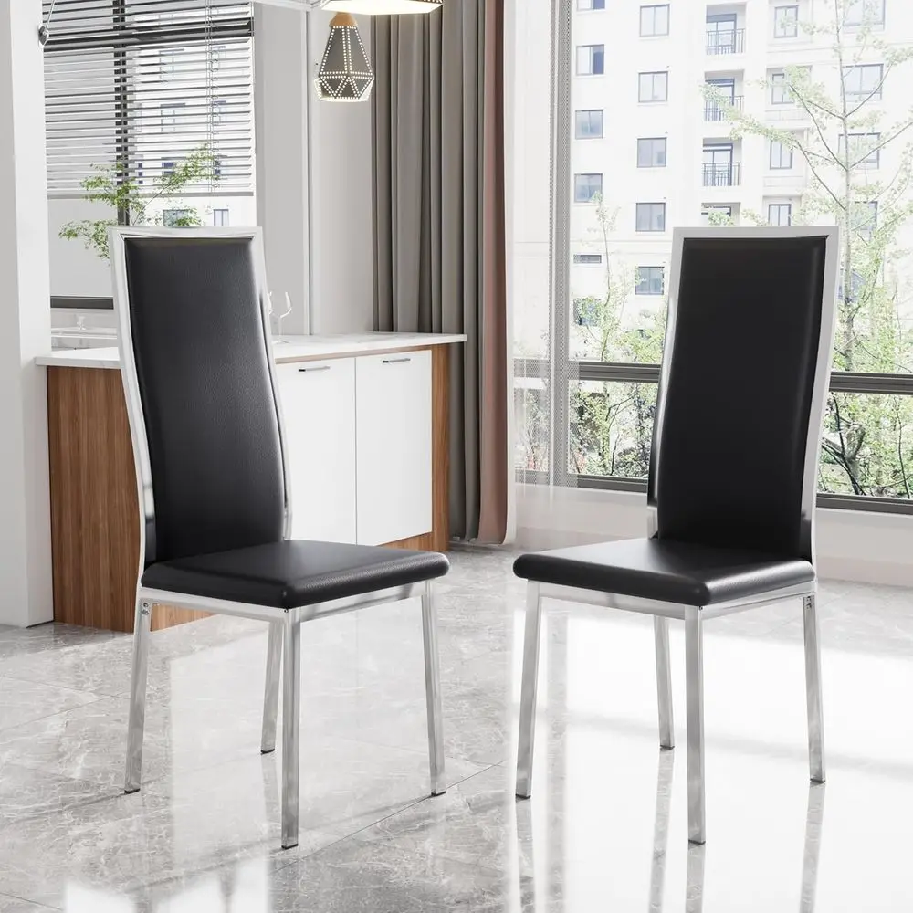 

ern Dining Chairs Set o 2, Black aux Leather with Chrome Silver Metal Legs, Curved High Back Design & Cloud Cushioning, -Century