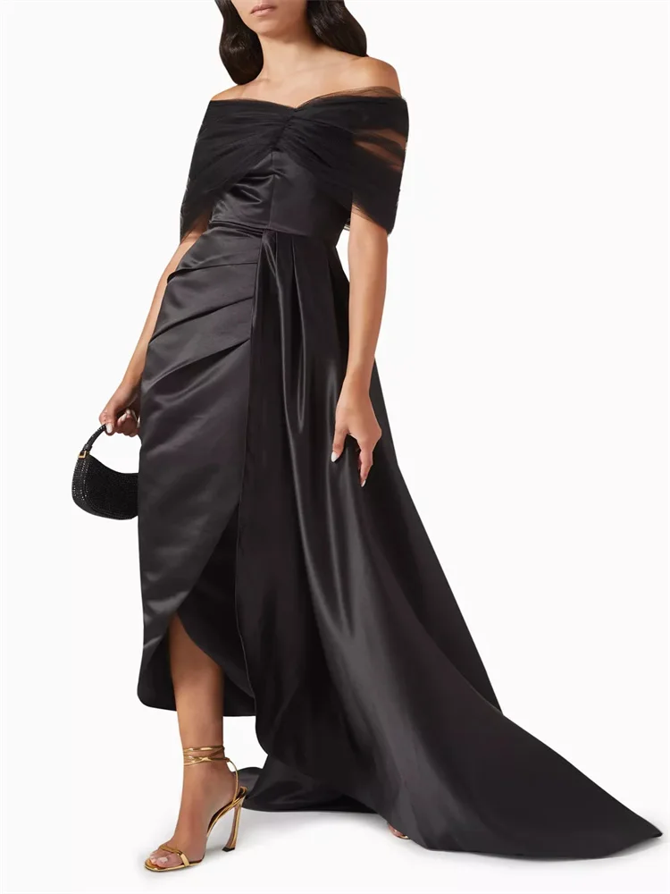 New Arrival Off Shoulder Neckline Tulle Sleeves Straight Evening Dress Sexy Back Zipper Floor Length Sweep Train Gown For Women