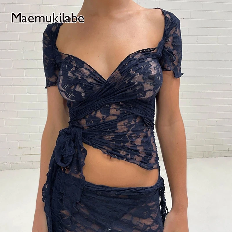 Maemukilabe Floral Lace See-Through Crop Tops Multi-wear style Tie Up T-shirt Women V Neck Tees Sexy Fairy Coquette Clothes