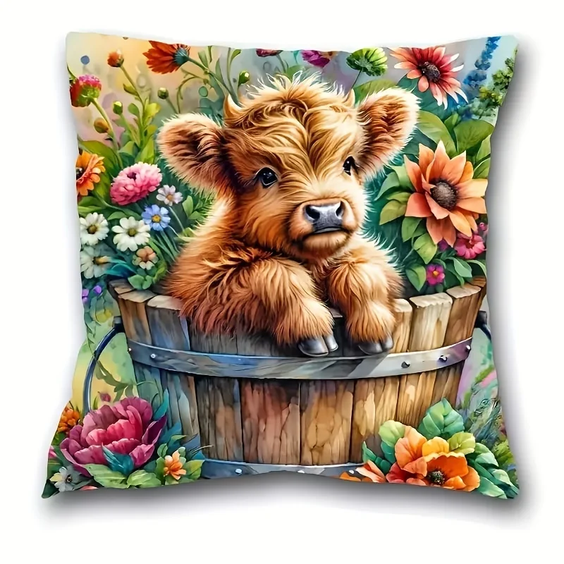 1pc Watercolor Style Highland Calf in Bucket Throw Pillow Cover, Suitable for Sofa, Bedroom, a Healing Gift for Animal Lovers.
