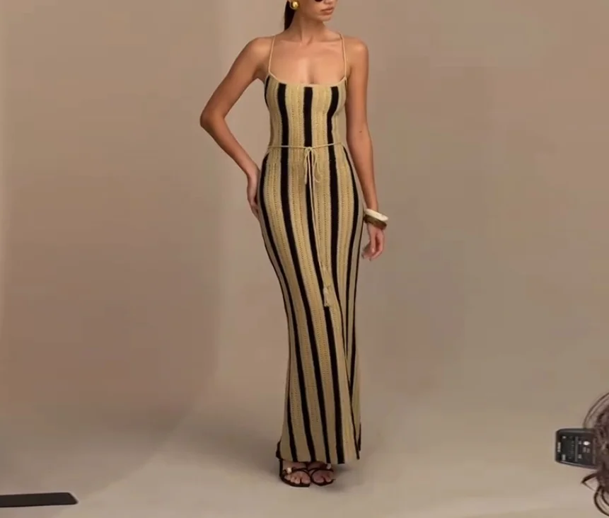 

Fashion Women's Dress 2025 Autumn/winter Elegant Sexy Casual Y2K Strap Striped Slim Fit Simple Hip Hugging Knitted Long Skirt