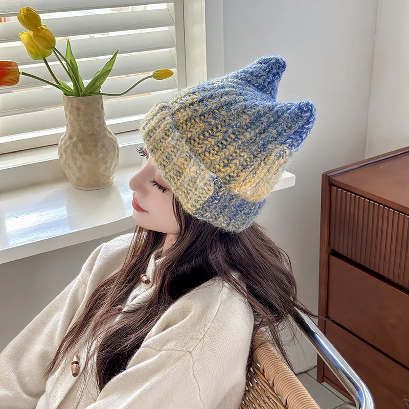 Gradient Color Horn Cat Ears Knitted Wool Hats for Women Autumn Winter Warm Windproof Beanie Tie-dye Caps Student Couple Gifts