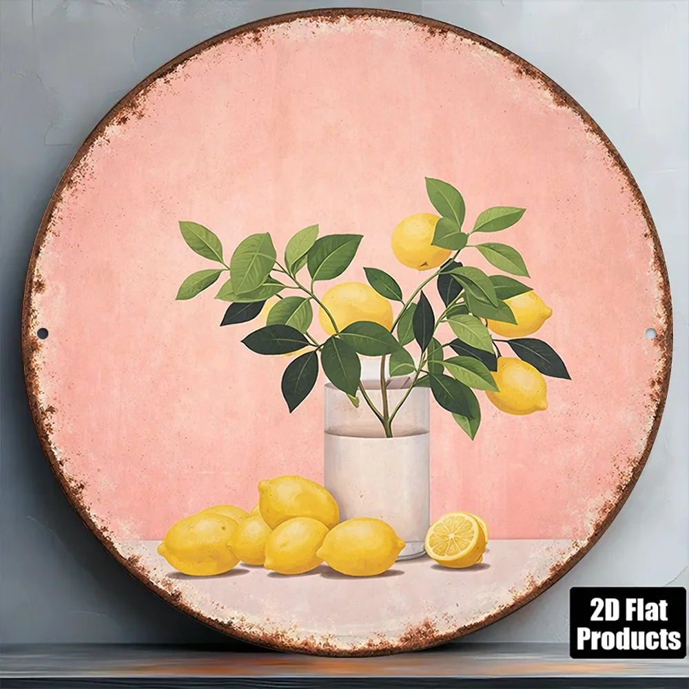 1pc 8*8In/20X20Cm 2D Flat Round Sign, Vintage Plaque about Fresh Lemons, Fruit And Flower Decorative Sign, Suitable for Kitchen