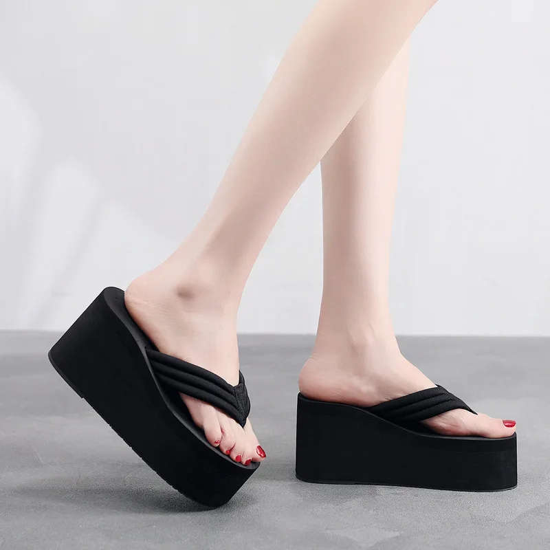 Female Flip Flops Women Summer Sandals Beach Women\'s Slippers 9 cm High Heel Shoes For Women Black Platform Wedge Slippers