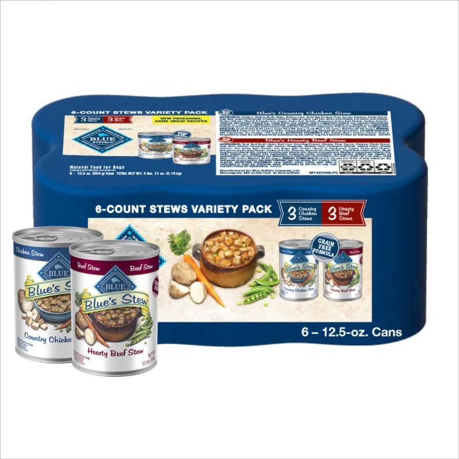 Comida Húmeda Natural para Perros Blue's Stew, Sabor a Carne de Res y Pollo Campestre, Paquete Variado