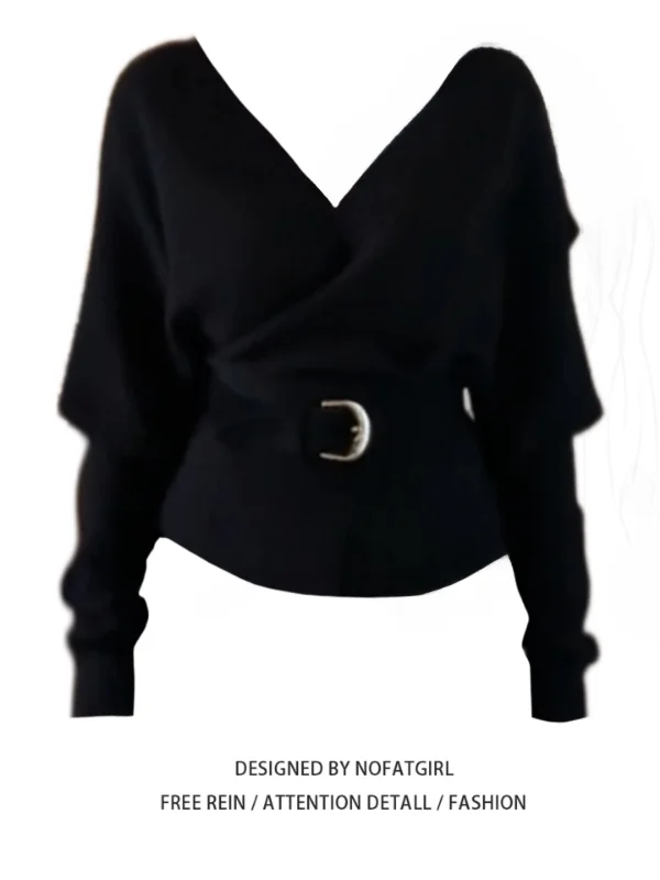plus Size Women's Black V-Neck Knitwear Long Sleeve Waist-Cinching Atmosphere Top Korean Style Commute Fashion Autumn Winter