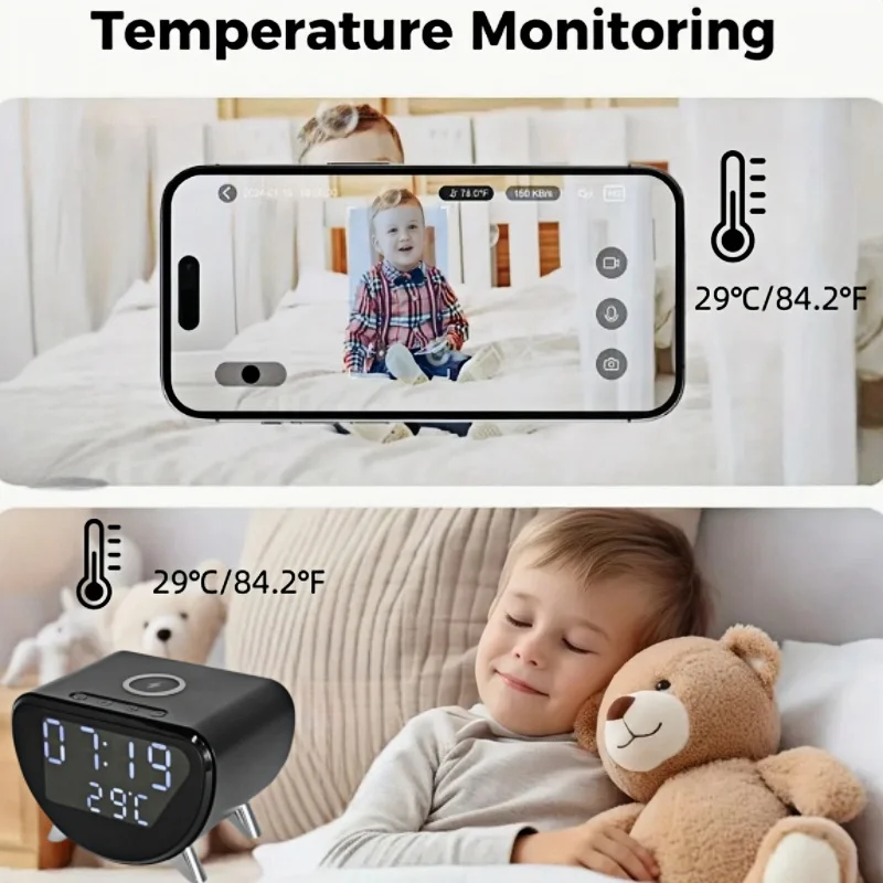 Imagem -03 - Despertador Mini Câmera 4k hd Carregador sem Fio e Display Temperatura Detecção de Movimento Vigilância Gravador Segurança b4