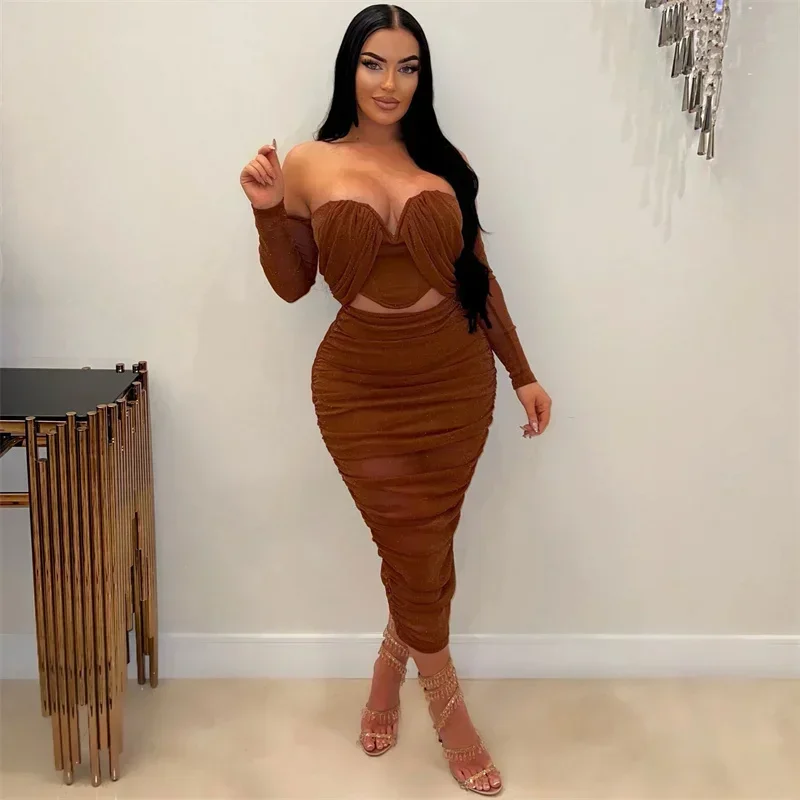 Sexy Party Night 2 Piece Outfit Set Women Y2K Clothing Mesh Ruched Strapless Crop Top and Skirt Clubwear Bodycon Maxi Dress Sets