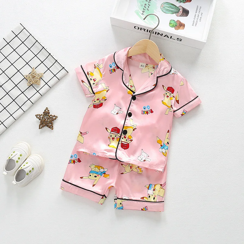 Children Silk Satin Pajamas Set Baby Boys Girls Cartoon Lapel T-shirt Shorts 2Pcs Suit Kids Summer Ice Silk Nightgown Loungewear