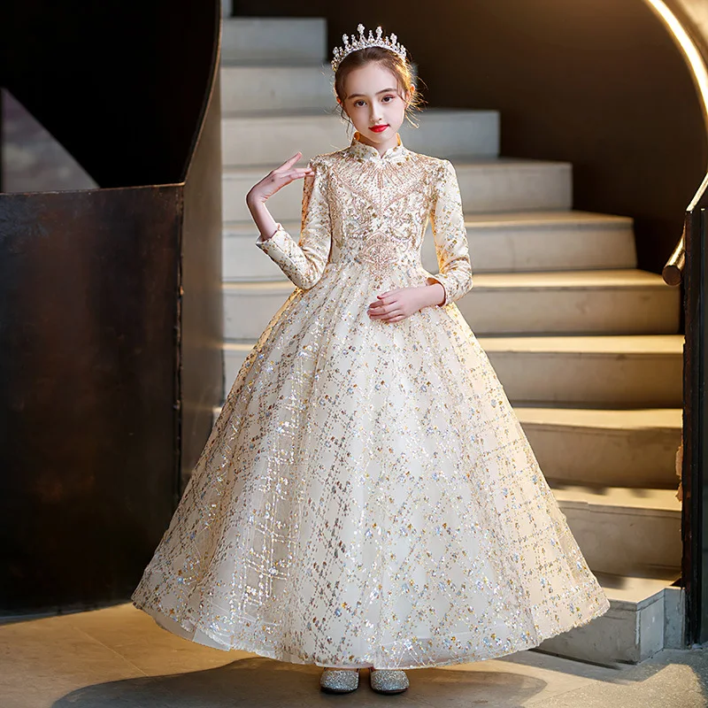 2023 Sequins Beaded Kids Dresses Champagne elegant Princess Party Pageant Formal long Dress new Girls Dress Teenagers clothing