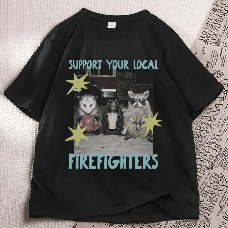 Funny Firefighter Raccoon T Shirt First Responder Tshirt Possum Funny Cotton Short Sleeve T-shirts Round Neck Printed Tees