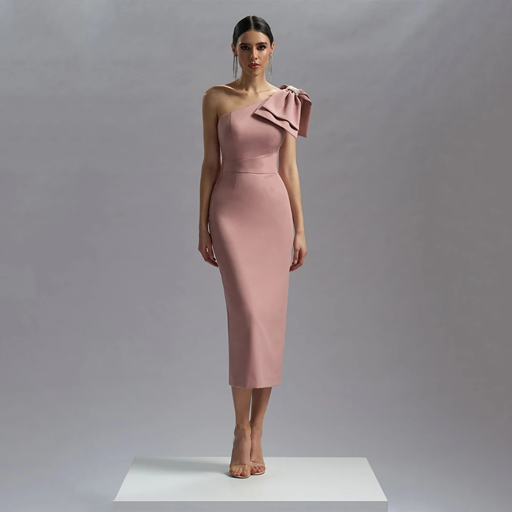 

Customized Midi Cocktail Dress Column Beaded Bow One Shoulder Simple Cocktail Gowns Sleeveless Tea Length Women's Party Dresses