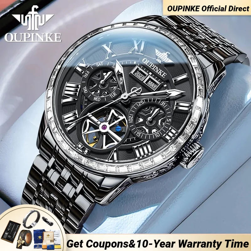 

OUPINKE 3252 Black Steel Watches Men Automatic Mechanical Date Year Roman Scale Sapphire Mirror Deep Waterproof Wristwatches