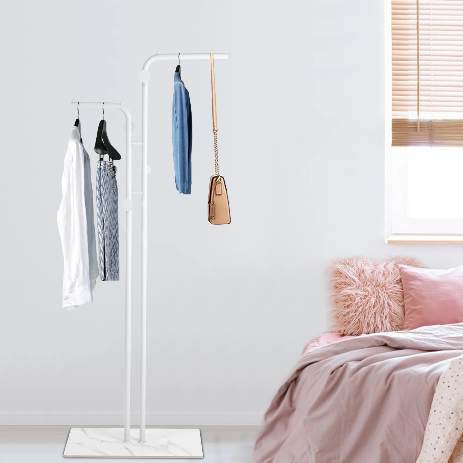 CNCEST Metal Coat Rack Freestanding L-Shaped Coat Tree Stand Holder with 4 Round Hooks and Sturdy Base Modern Coat Hanger