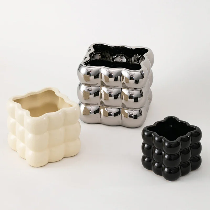 

Modern Minimalist Jiugongge Spherical Ceramic Flowerpot Cream Wind Indoor Home Decoration Basin Desktop Decoration Ornaments K9C