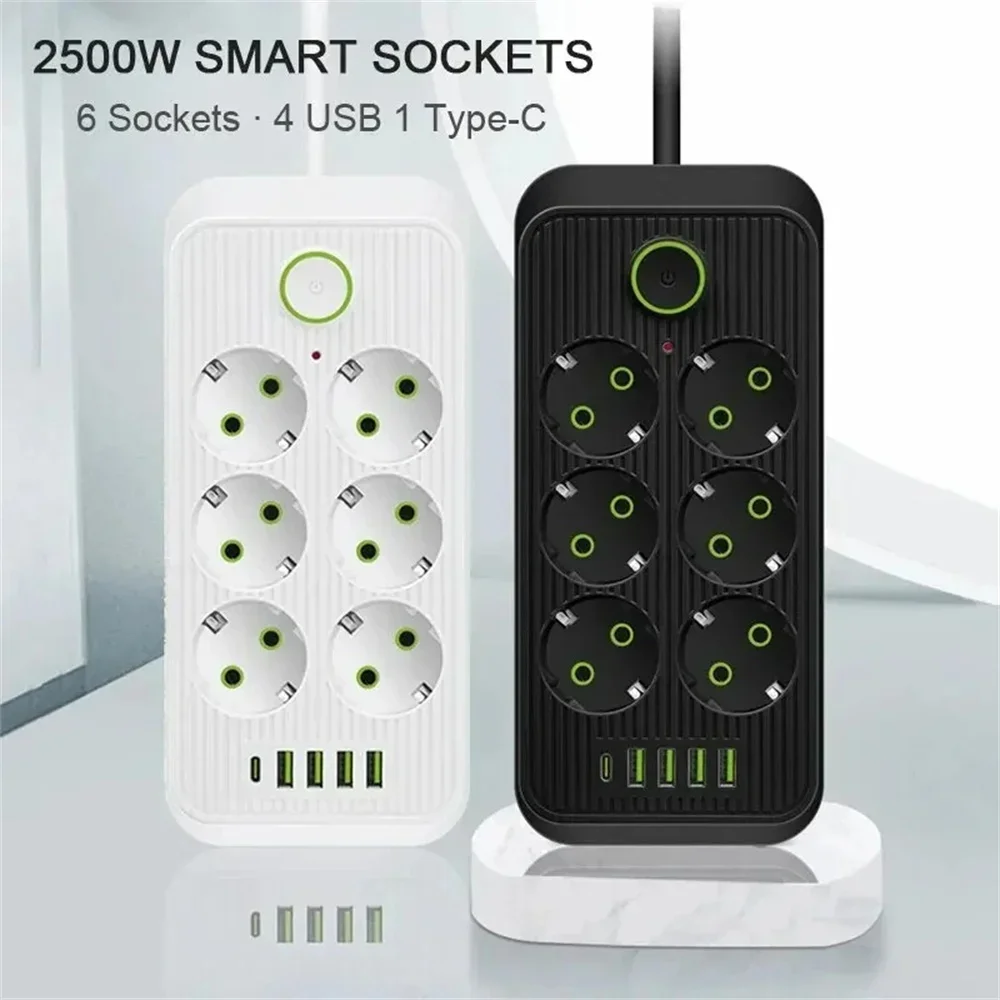 2M EU Plug Electric Power Strip AC Outlets 4 USB 1 Type C Fast Charging Network Filter Adapter Multitap Socket Extension Cable