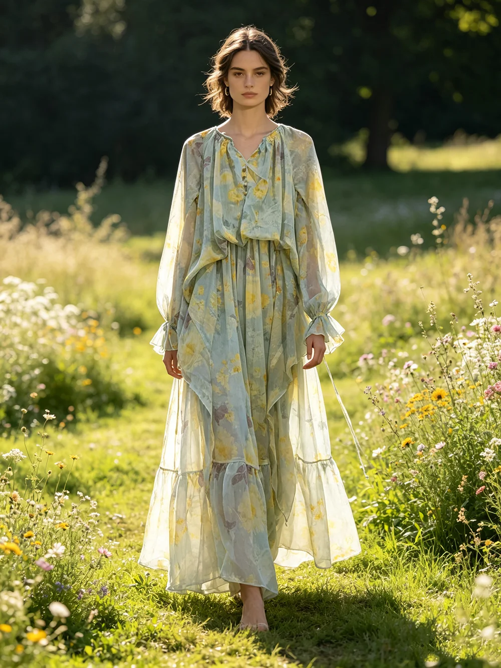 Plus Size Spring Summer 2026 V-Neck Retro Print Long Sleeve Drawstring Light Green Maxi Dress Chiffon Shiny Silk  Dress