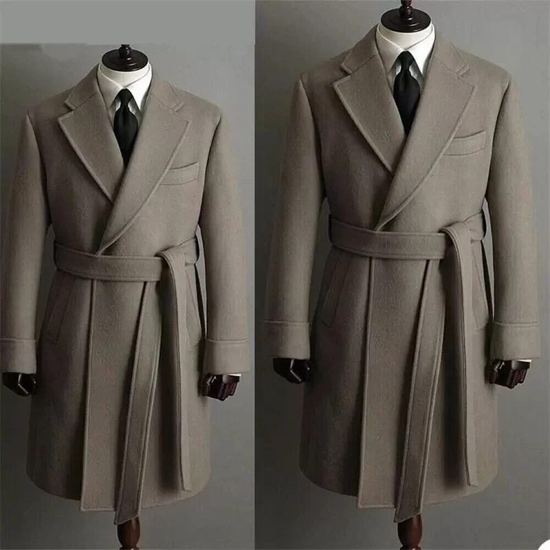 

Grey Men Overcoat Long Winter Woolen Thick Coat Jacket With Belt Custom Made Formal Party Prom Business Male Outfit Fall