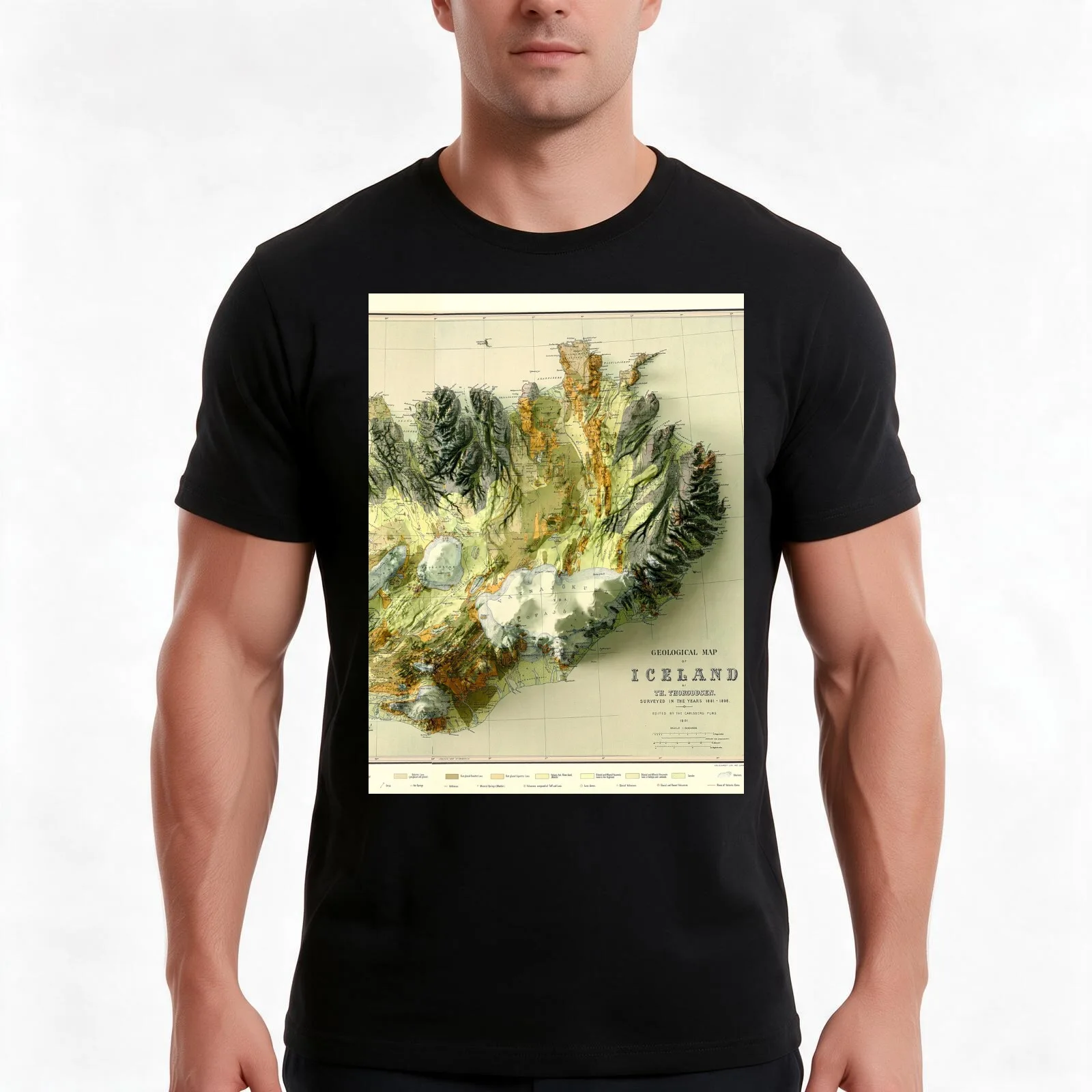 1901 Iceland Geologic Map 3D digitally-rendered T-Shirt, Summer Casual Cotton Tee, Oversized Streetwear Tops, Unisex Men Women