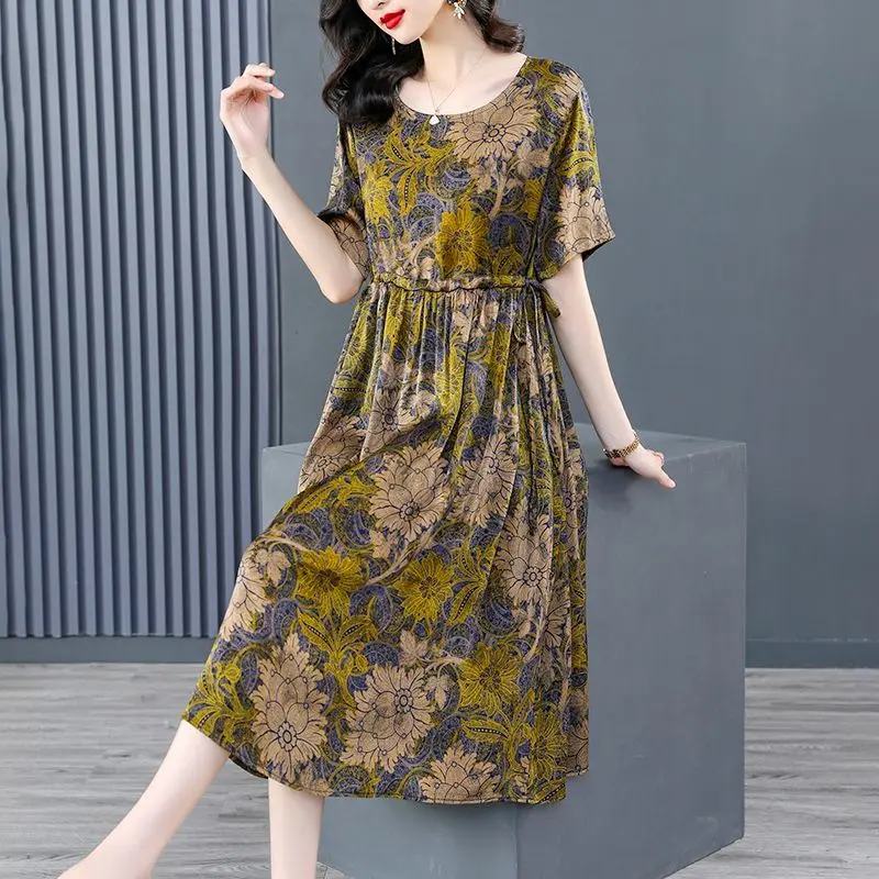 2023 Sommer neue fette Mutter vertuschen große Luxus-Print-Kleid einfache Pendler Trend Print Rundhals ausschnitt A-Linie Kleid